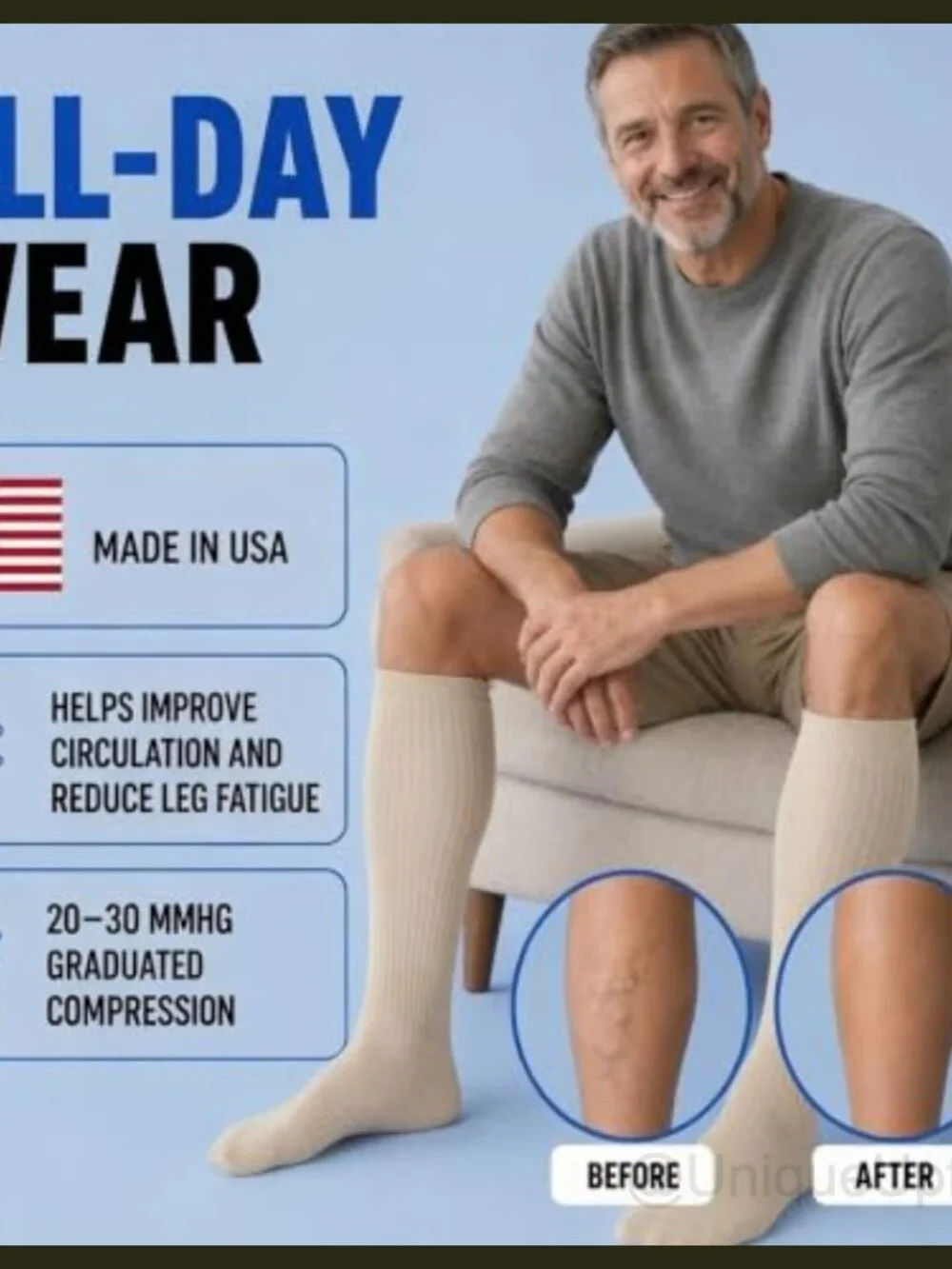 Men's Opaque Compression Socks 20-30mmHg Reinforced Heel Toe Made in USA